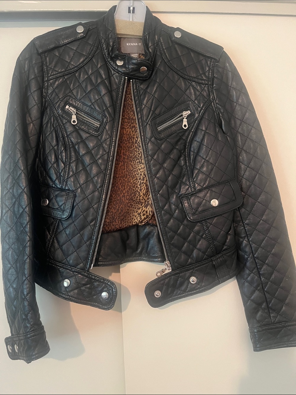 Kenneth Cole Black Quilted Faux Leather Moto Jacket with Zip Pockets